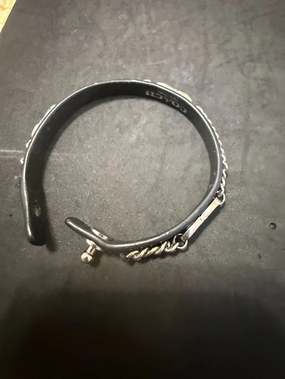 Coach Black Leather Bracelet with Silver Chain Accent